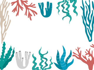 Vector Frame with Multicolor Seaweed Shapes at the Bottom of the Sea. Banner template with bright print for fabric, wrapping, textile, wallpaper, apparel. Underwater life