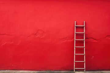 A ladder leaning against a red wall. Minimalism, the path to success. Stairs. - Powered by Adobe