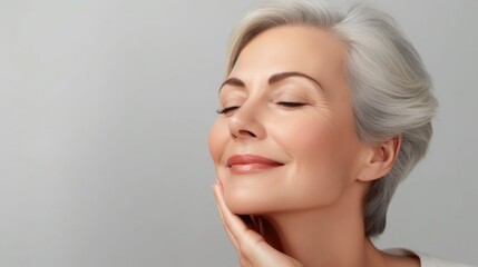 Portrait mid 50s aged woman with closed eyes and gray hair touching her perfect skin. Andadvertising facial antiage lift products salon care tighten skin isolated on gray. Copy space. 
