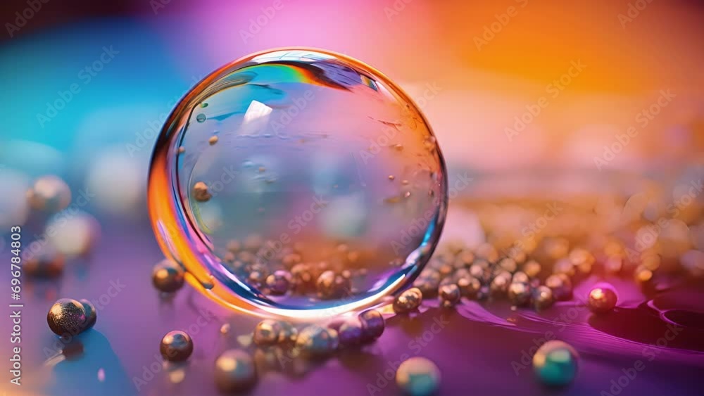 Poster a colorful closeup of a soap bubble, demonstrating the principles of surface tension and fluid dynam