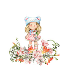 Composition of doll Tilda in dress and freesia flowers. Hand drawn watercolor illustration. Design for baby shower party, birthday, cake, holiday celebration design, greetings card, invitation, sticke