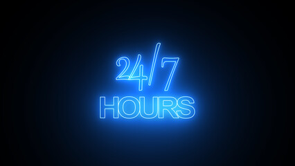 24 /7 hours neon glowing signboard. Open sign. Day and night working. Open all day neon signs. 24 hour 7 day service concept.