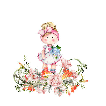 Composition of doll Tilda in dress and freesia flowers. Hand drawn watercolor illustration. Design for baby shower party, birthday, cake, holiday celebration design, greetings card, invitation, sticke