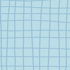 Hand drawn blue plaid pattern. Check, square doodle background. Line art freehand grid. Crossing white stripes brush stroke. Notebook Texture. Abstract Psychedelic print with Wavy Doodle Stripes