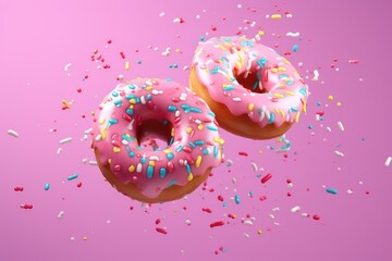 Flying doughnuts on colorful background with sprinkle splash, American sweet dessert fast food