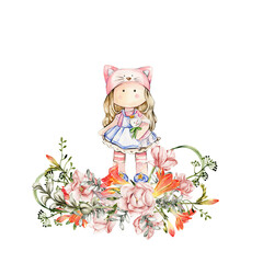 Composition of doll Tilda in dress and freesia flowers. Hand drawn watercolor illustration. Design for baby shower party, birthday, cake, holiday celebration design, greetings card, invitation, sticke