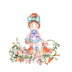Composition of doll Tilda in dress and freesia flowers. Hand drawn watercolor illustration. Design for baby shower party, birthday, cake, holiday celebration design, greetings card, invitation, sticke