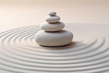 Naklejka premium Japanese zen garden with stone in textured white sand, Spa Therapy, Purity harmony And Balance Concept