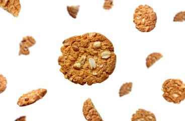 Peanut Cookies or Biscuit Levitating or Falling Isolate on White Background in Horizontal Orientation