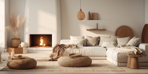 Modern luxury, minimal, elegant, neutral, cozy, white bohemian living room with a sofa. Earth tone colors, Interior design inspiration. - Powered by Adobe
