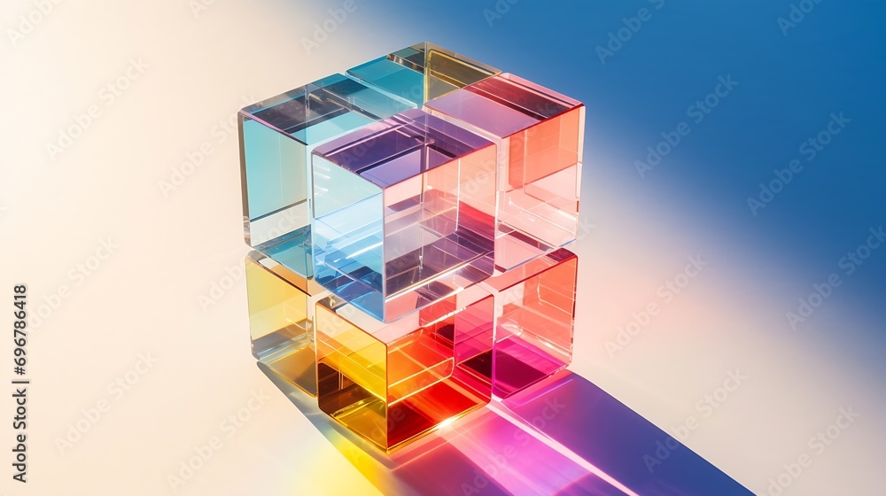 Aufkleber Glass cube with color spectrum rays. Abstract background with reflection and refraction of light. Shadow and rays of natural light effects. : Generative AI