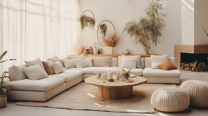 Fototapeta na wymiar Modern luxury, minimal, elegant, neutral, cozy, white bohemian living room with a sofa. Earthy tone colors, Interior design inspiration.