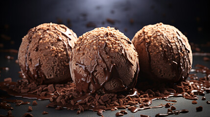 Three chocolate ice cream balls - obrazy, fototapety, plakaty