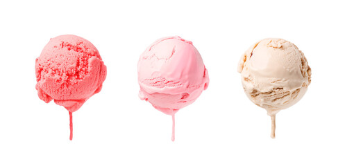 Banner with three ice cream tastes and flavours isolated on white background, flying icecream scoops levitate