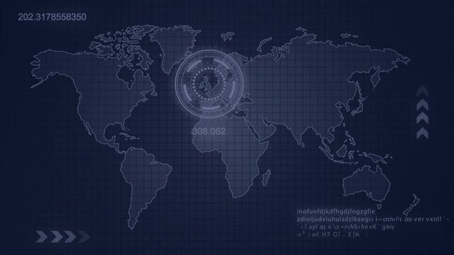 World location tracking many Countries' satellite spy system HUD technology concept animation footage.