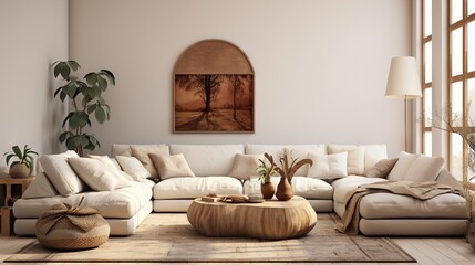 Modern luxury, minimal, elegant, neutral, cozy, white bohemian, boho living room with a sofa. soft earthy colors, Interior design inspiration.
