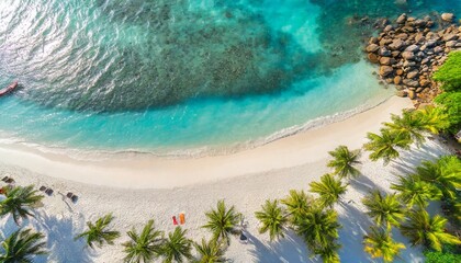 Fototapeta na wymiar aerial summer top view on sand beach tropical beach white sand turquoise sea palm tree shadows under sunlight drone luxury paradise travel destination vacation landscape amazing nature island coral
