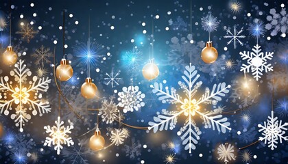 Fototapeta na wymiar shiny and festive vector illustration of christmas lights and snowflakes on a dark blue background