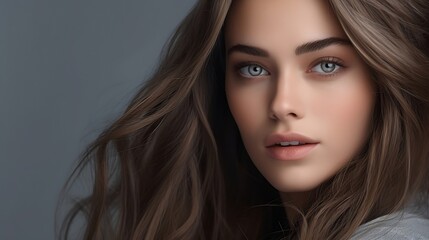 Naklejka premium Beauty, fashion, makeup concept. Beautiful woman with brown long hairs close-up portrait looking up in grey studio background with copy space. Eyes is in camera focus. Soft gray color : Generative AI