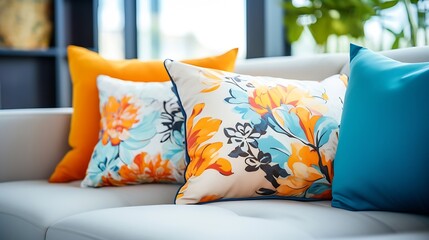 Colorful pillows on a sofa with little vase in foreground : Generative AI