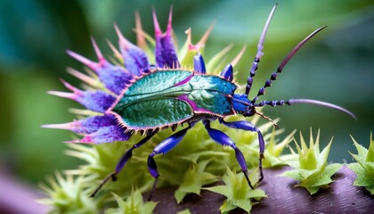 spiky bug in green blue and purple