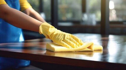 Cleaning hygiene, close up hand of maid, waitress woman wearing yellow protective gloves while cleaning on wood table, use blue rag wiping to dust and spray in restaurant. Housekeeping : Generative AI - obrazy, fototapety, plakaty
