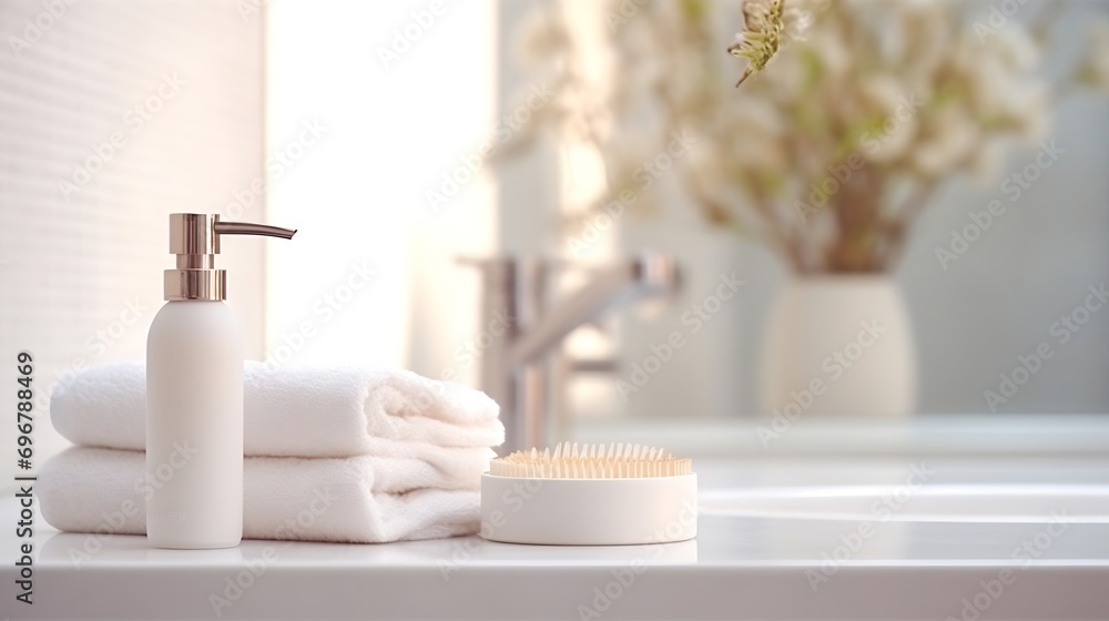 Poster table with toothbrushes and soap inside a bright defocused bathroom : generative ai