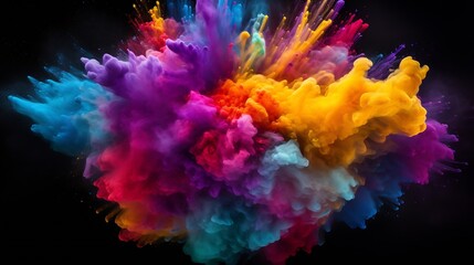 Explosion of colored powder, isolated on black background. Power and art concept, abstract blast of...