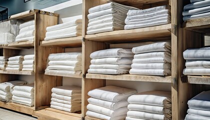 a lot of white bed linen on display in a store on wooden shelves