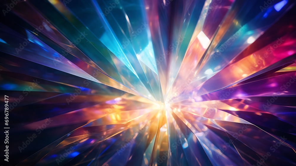 Poster A Prism Rainbow Light on dark Background Overlay. Crystal flare abstract effect. Holographic sunlight reflection wallpaper, colorful glare bokeh. : Generative AI