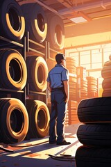 An evocative illustration of a young mechanic in a tire workshop, surrounded by stacks of tires, gazing thoughtfully into the distance.