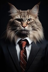 A close-up portrait of a regal long-haired cat dressed in a formal business suit with a richly colored tie, exuding an air of sophistication