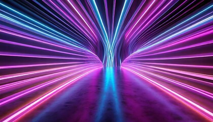 3d render abstract panoramic neon background bright purple violet pink lines glowing in ultraviolet...