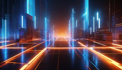 3d render abstract urban background with glowing neon light virtual reality cyber space digital...