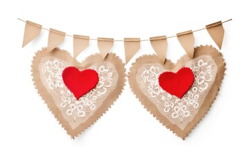 Heart-shaped burlap banners on a string for Valentine's Day.