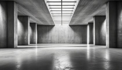 abstract empty modern concrete room with cross shaped light stripes in the ceiling and rough floor...