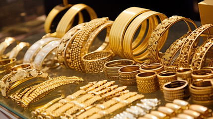 Jewelry on golden market display