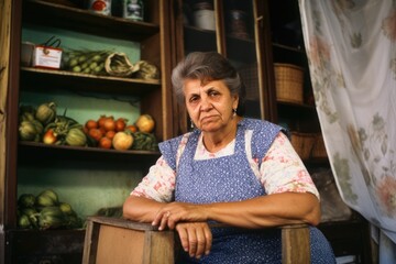 Fototapeta premium A smiling elderly woman presents cucumbers in a cozy kitchen.