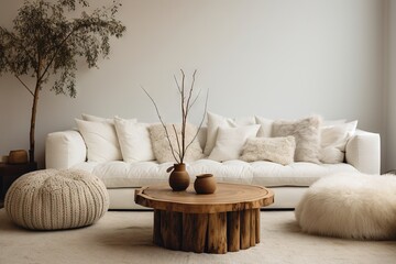 Modern luxury, minimal, elegant, neutral, cozy, white bohemian, boho living room with a sofa and plants. soft earthy colors, Interior design inspiration.