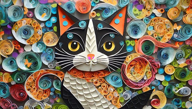 paper cut quilling tuxedo cat fish background with lot of colors art illustration generative ai