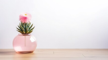 Close-up of a flower in a pink glass vase and a small cactus in a dome on the side of a wooden surface and an empty, white background : Generative AI