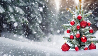 beautiful festive christmas snowy background christmas tree decorated with red balls and knitted toys in forest in snowdrifts in snowfall outdoors banner format copy space