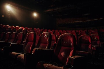 Empty red seats in an old-fashioned cinema hall with ambient lighting.