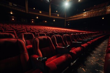 Empty red seats in an old-fashioned cinema hall with ambient lighting. - obrazy, fototapety, plakaty