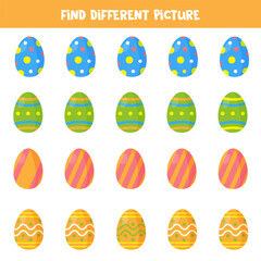 Find different Easter egg in each row. Logical game for preschool kids.
