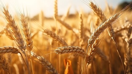 Rural landscape. Close-up of rye ears, a field of ripening rye on a summer day. Time of sunrise or sunset. Rich harvest idea, harvest time concept. : Generative AI