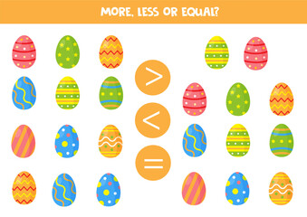 Grater, less or equal with cartoon colorful Easter eggs.