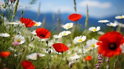 Obraz premium Daisies and poppies on sunny spring meadow. Horizontal close-up with short deep of focus. Natur background concept for leisure and ecology with space for text and design. : Generative AI