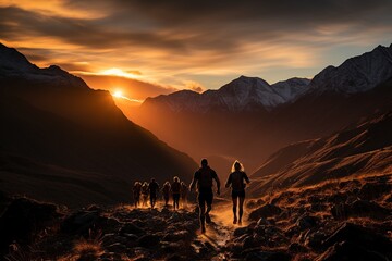 People jogging and running on a mountain dirt road in sunset sunrise time.