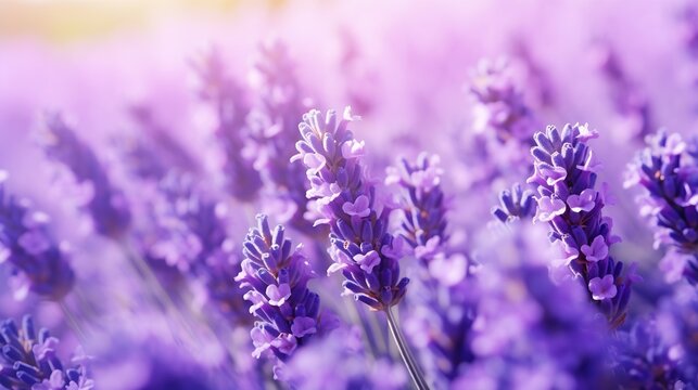 Lavender flowers close up, purple lavender field close up, abstract soft floral background. Soft focus. The concept of flowering, spring, summer, holiday. Great image for cards, banner : Generative AI